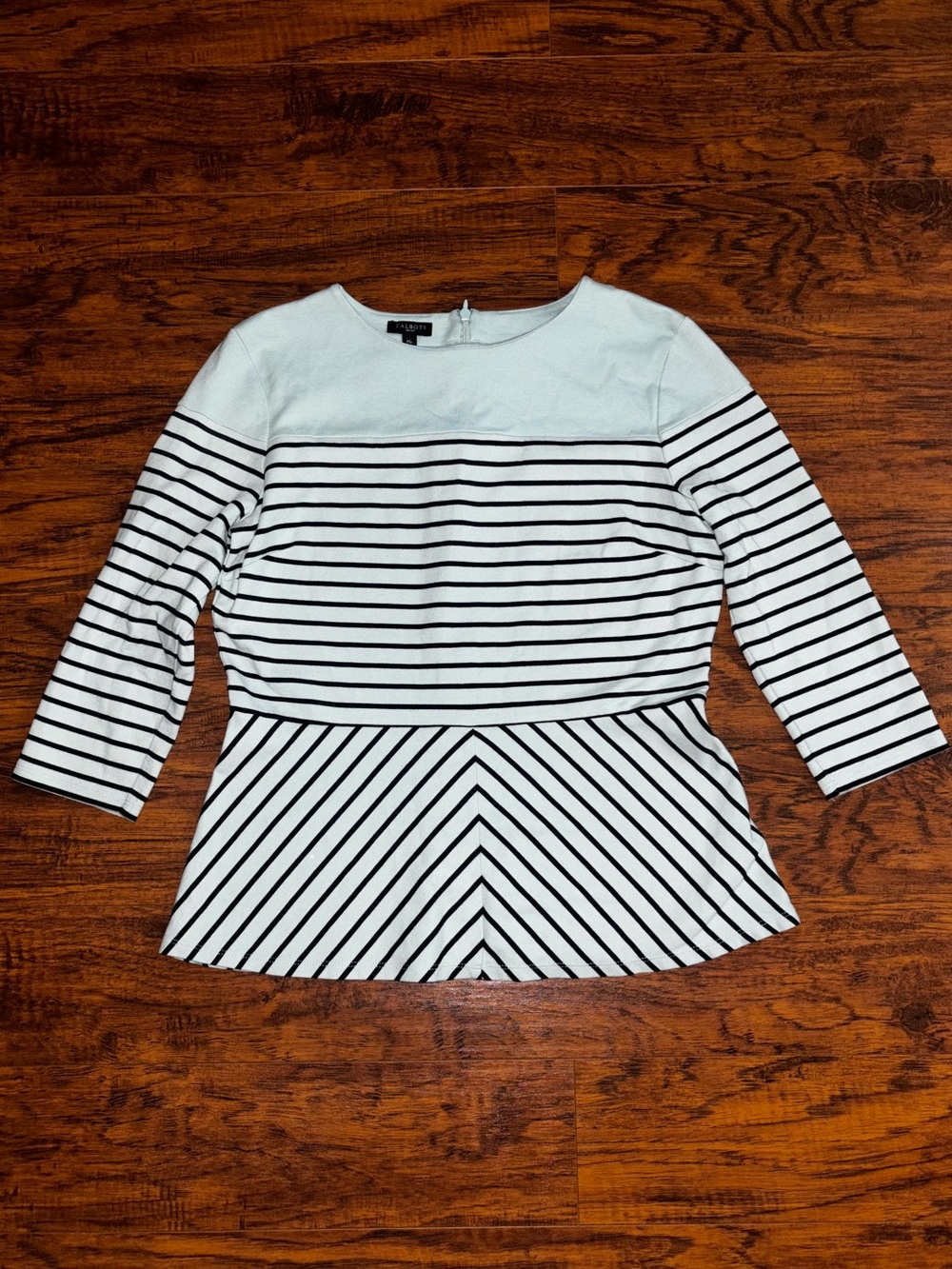 Talbots Petites Baby Blue Striped Peplum Top 3/4 Sleeve Cotton Modal Blouse